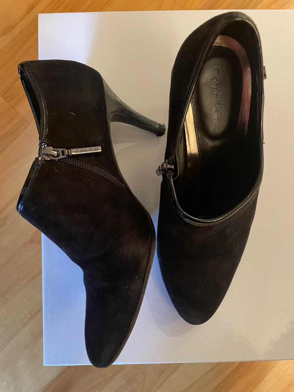 Calvin Klein Black Suede Heeled Ankle Booties with Side Zip